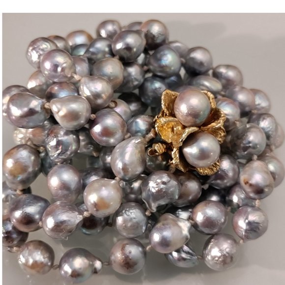 2 Strand Grey South Sea Baroque Saltwater Pearl 14k Yellow Gold Necklace 101g - Picture 5 of 7